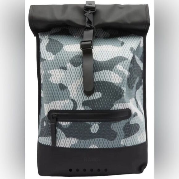 NWT RAINS Rolltop Rucksack Mesh Backpack Camo Gray/Black Waterproof main image 9
